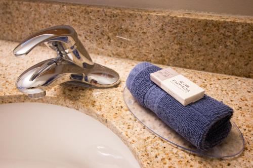 a bathroom sink with a soap rag and a faucet at Blue Gate Garden Inn in Shipshewana