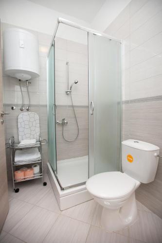 a white bathroom with a shower and a toilet at Apartmani Lea in Starigrad