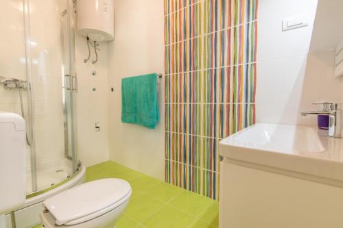 a bathroom with a toilet and a sink and a shower at Apartman Vendi in Zagvozd