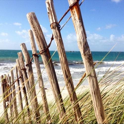 a wooden fence on the beach near the ocean at Maison Molène, au Pays des Abers Plouguerneau in Plouguerneau