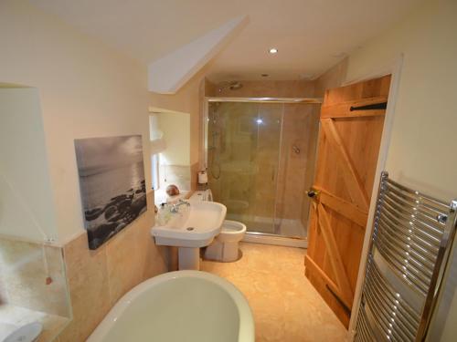 a bathroom with a toilet and a sink and a shower at Melin y Coed in Menai Bridge