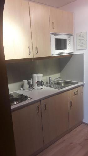 a kitchen with a sink and a microwave at Haus Schnetzer in Schruns-Tschagguns