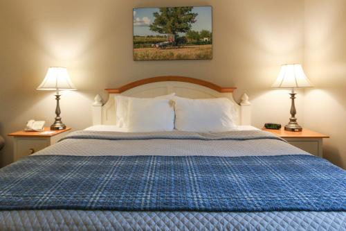 a bedroom with a blue bed with two lamps at Blue Gate Garden Inn in Shipshewana