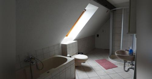 a bathroom with a tub and a toilet and a skylight at Ferienwohnung Olafs Werkstatt in Neustadt