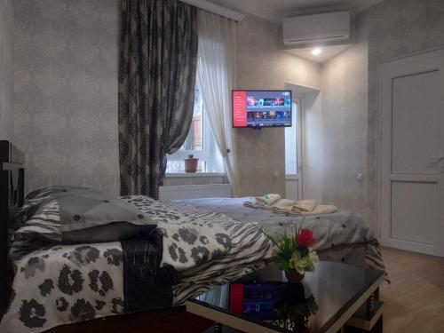 1 dormitorio con 1 cama y TV en una ventana en Emi&mari, en Tiflis