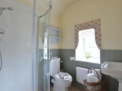 a bathroom with a toilet and a sink and a window at Penrhyn Farm in Penrhos-Lligwy