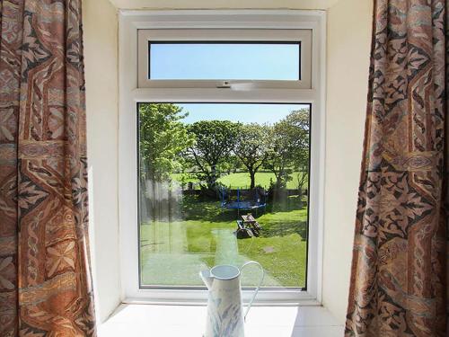 a window with a vase sitting on a window sill at Pentreheulyn in Bodewryd