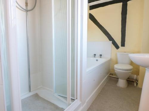 a bathroom with a shower and a toilet and a sink at River Cottage in Tewkesbury