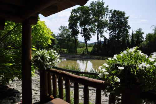 a view of a lake from a porch with flowers at Srub RANCH NA HRANICI in Baška