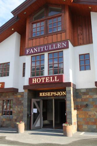 a hotel with a sign on the front of it at Fanitullen Hotel in Hemsedal