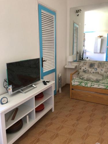 a living room with a television and a bed at Casa Nanà in Santo Stefano al Mare