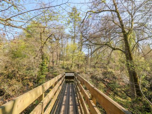 a wooden bridge in a forest with trees at 12 Keathbank Court in Blairgowrie