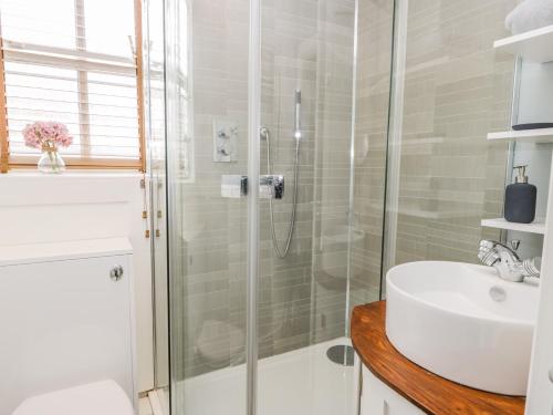 a bathroom with a shower and a sink at 5 Oystons Yard in Whitby