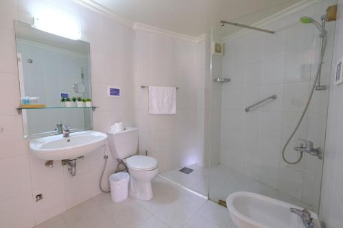 布魯馬納的住宿－瓦基姆酒店，浴室配有卫生间、淋浴和盥洗盆。