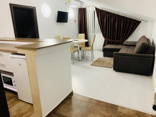 uma cozinha e sala de estar com um sofá e uma mesa em FAST Airport Accomodation em Otopeni