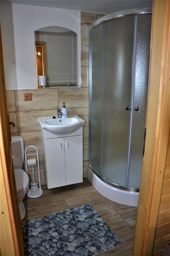 a bathroom with a shower and a sink and a toilet at Rekreačná chatka Oliver in Strečno