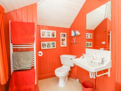 a red bathroom with a toilet and a sink at Tower Lodge in Dalmally