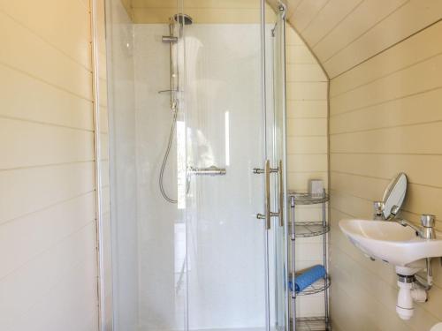 uma casa de banho com um chuveiro e um lavatório. em The Lamb Shack em Bodmin
