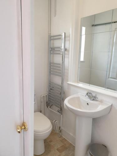 ein Badezimmer mit einem Waschbecken, einem WC und einem Spiegel in der Unterkunft The Studio Apartment in Weymouth
