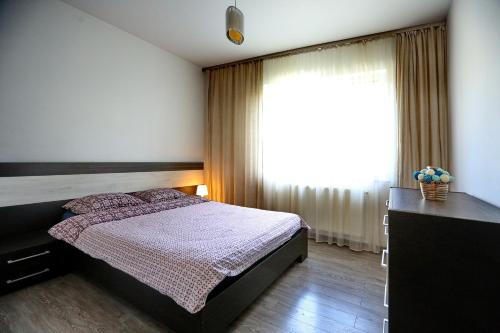 um quarto com uma cama e uma grande janela em Bloc Izvor em Piteşti