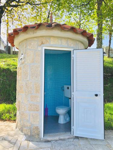 a bathroom with a toilet in a stone building at Casa da Quinta da Prelada Simão partie basse in Celorico de Basto