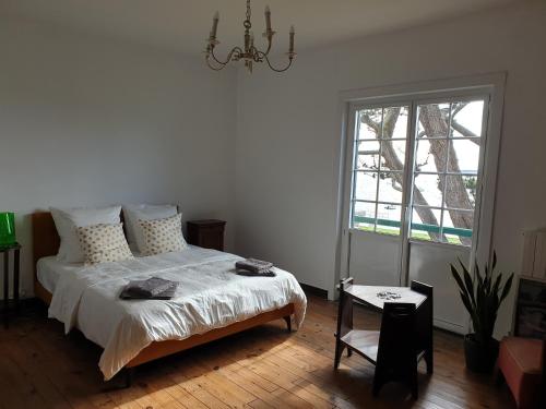 a bedroom with a bed and a window and a chandelier at La Villa Fuberia - Seafront Bassin d'Arcachon in Pyla-sur-Mer