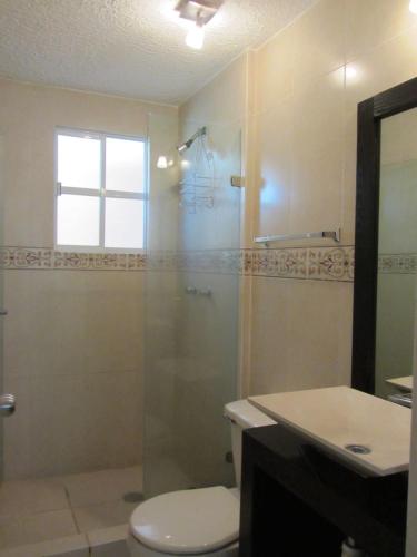 a bathroom with a shower and a toilet and a sink at Departamento Las Gaviotas in Acapulco