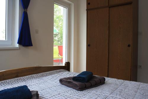 a bed with a blue pillow on top of it at Holiday Home Radmila in Premantura