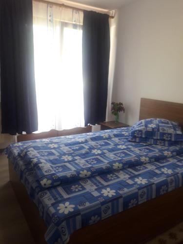 a bedroom with a bed with a blue comforter and a window at Casa Maria in Vatra Dornei
