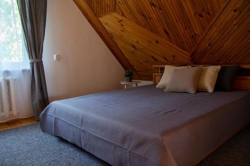 a bedroom with a large bed with a wooden ceiling at At the Trakai Castle in Trakai