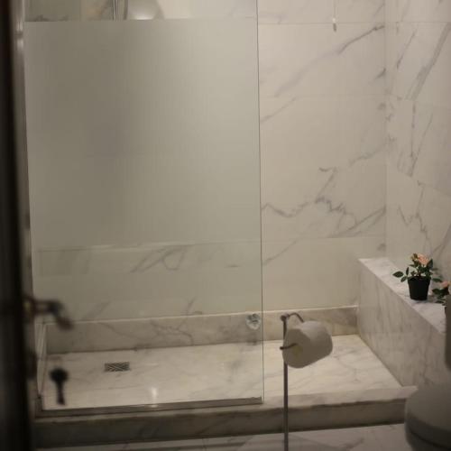 a shower with a glass door in a bathroom at Apartment in Mohandesin (Families Only) in Cairo