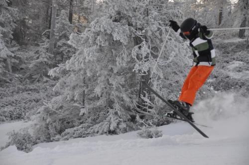 a person on skis doing a jump in the snow at Stuga 5 Varmland in Torsby