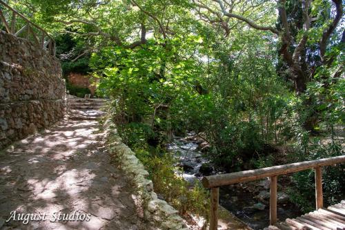 a path next to a stone wall and a creek at Cretan Minoan Apartments in Zákros