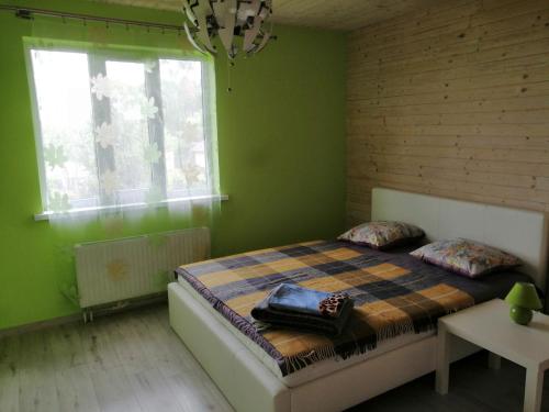 a bedroom with a bed in a room with green walls at Igor House in Jūrmala