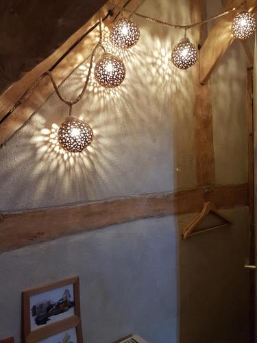 a room with a ceiling with lights on it at Le bourgis in La Chapelle-Montligeon