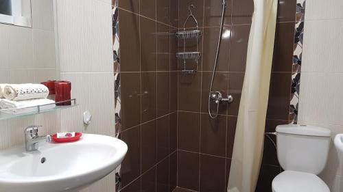 a bathroom with a shower with a sink and a toilet at MARIANA - guest rooms in Gotse Delchev