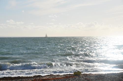 a sail boat in the ocean with a beach at Les Chambres des Gites des Isles in Barneville-Carteret