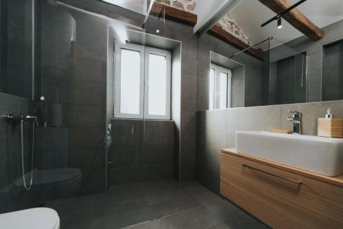 a bathroom with a sink and a shower and a toilet at Apartments Trifunovic Old Town in Budva