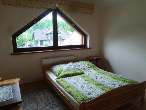 łóżko w pokoju z dużym oknem w obiekcie Magellan w Cisnej