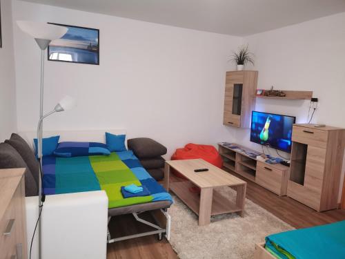 Kleines Zimmer mit einem Bett und einem TV in der Unterkunft Apartment Niko in Piran