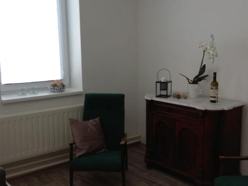 a living room with a chair and a bottle of wine at Apartmány U splavu in Veselí nad Moravou