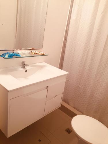 a bathroom with a white sink and a toilet at Aqua Hotel in Punta del Este