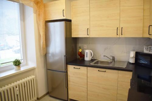 a kitchen with a stainless steel refrigerator and a sink at City Center Apartment II in Nitra