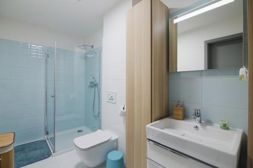 シャノジェンティにあるBlueMint-Apartamentyのバスルーム(洗面台、シャワー付)