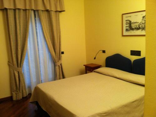 ペルージャにあるHotel il Cignoのベッドルーム1室(ベッド1台付)、窓(カーテン付)