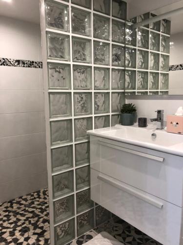 多維爾的住宿－HSH Marina-Deauville Superbe Appartement，一间带水槽和镜子的浴室