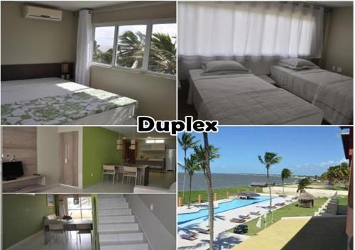 uma colagem de fotos de um quarto de hotel com camas e uma piscina em Costa Brava Praia Hotel em Lucena