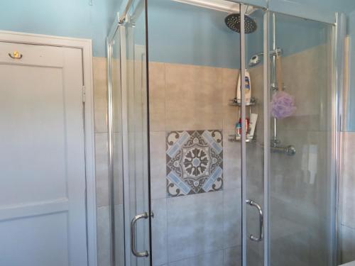 a shower with a glass door in a bathroom at A Quinta da Colina ( Casinha ) in Castanheira de Pêra