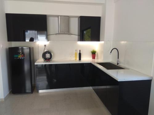 a kitchen with a black refrigerator and a sink at DREAM & HARMONY in Artemida