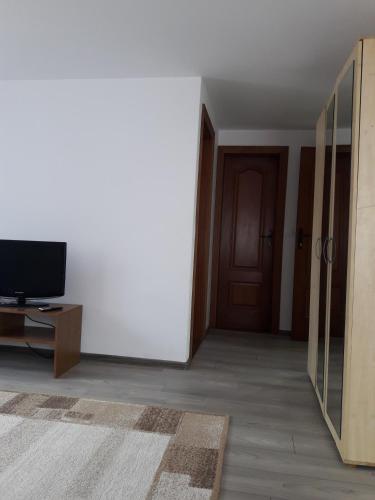 a living room with a television and a door at Casa Maria in Vatra Dornei